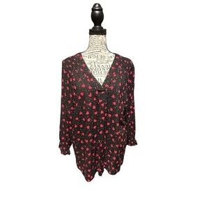 Christian Siriano Black/ref Heart Printed Deep‎ V-neck Viscose Top Blous…